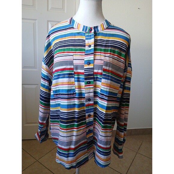 ZAC & RACHEL Women's Blouse Top Long Sleeve Striped Round Neck Large Button Up - Picture 1 of 16